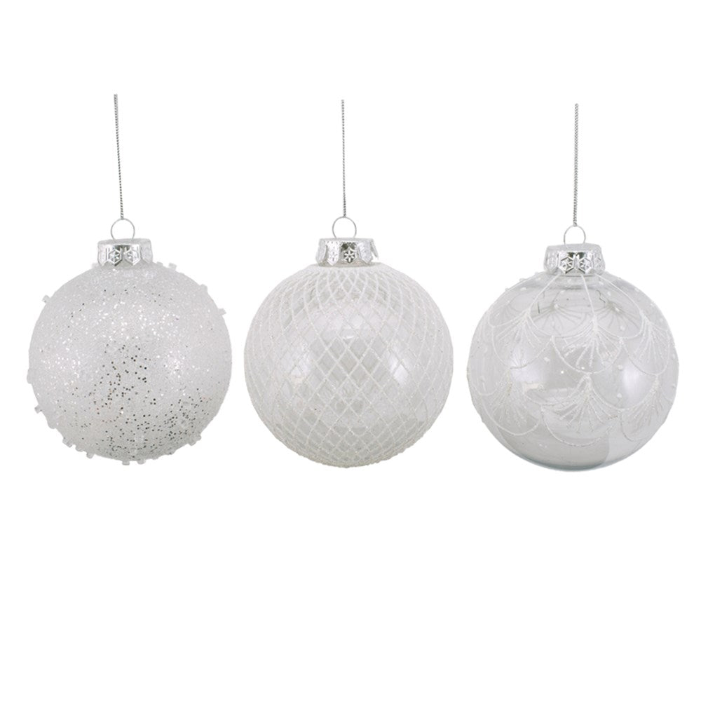 Trio of Clear Handpainted White and Silver Christmas Baubles 10cm