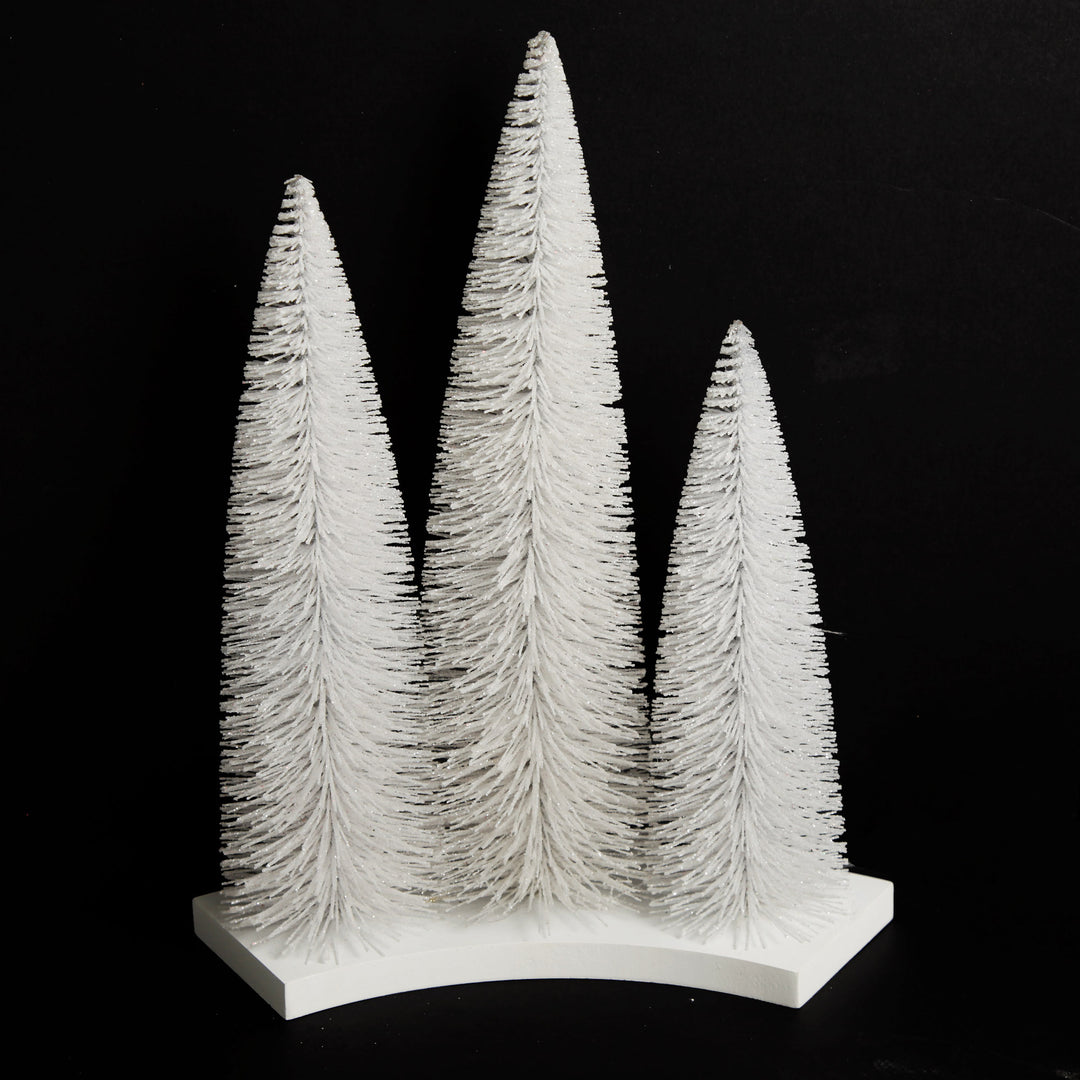 Trio of White Table Top Christmas Trees on Wooden Base