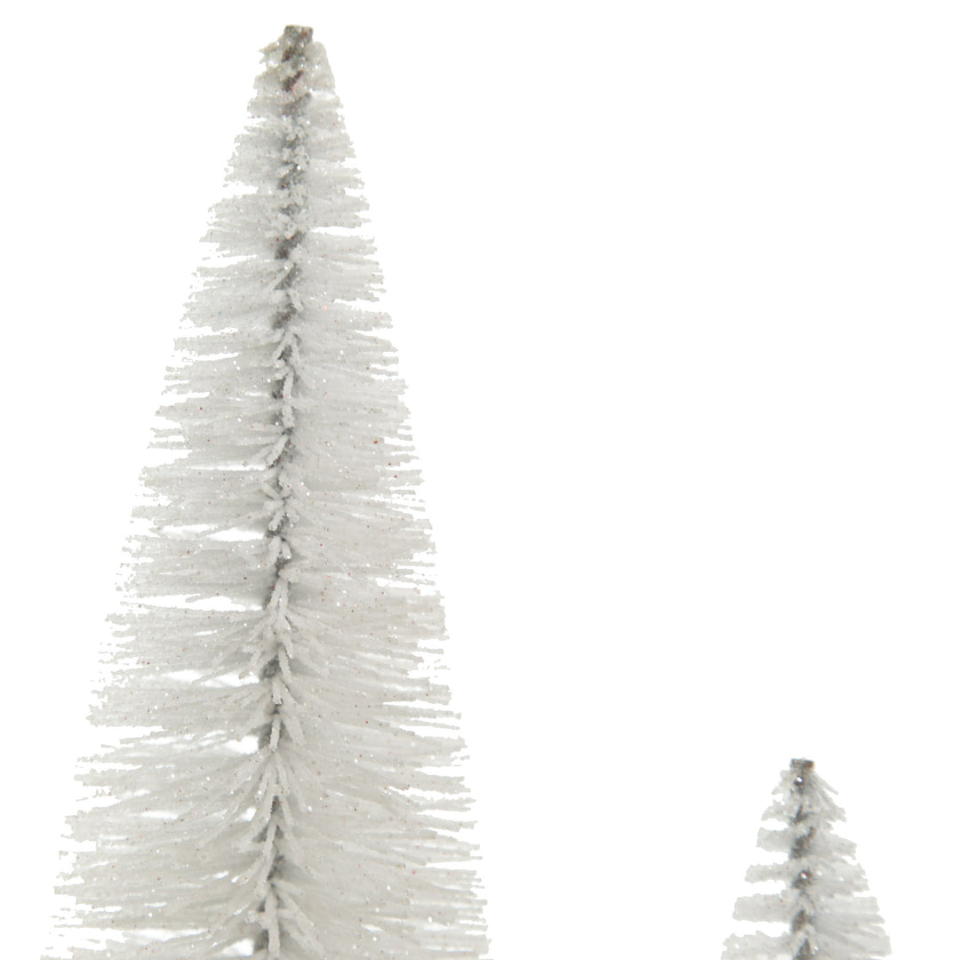 Trio of White Table Top Christmas Trees on Wooden Base