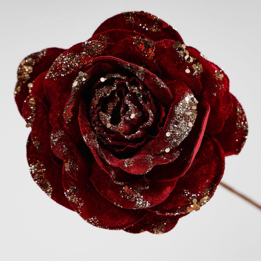 Velvet Burgundy Glitter Rose Flower Stem with Rose Gold Detail - 14cm (L)