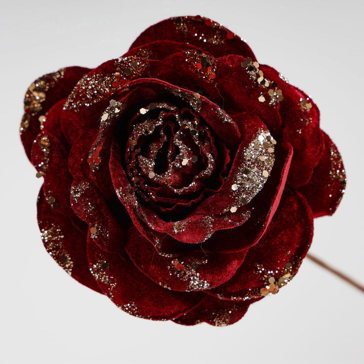 Velvet Burgundy Glitter Rose Flower Stem with Rose Gold Detail - 14cm (L)