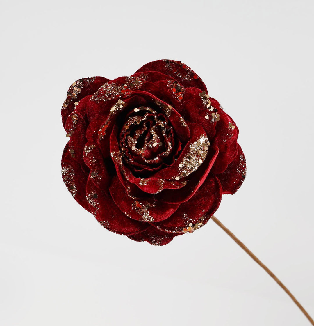 Velvet Burgundy Glitter Rose Flower Stem with Rose Gold Detail - 14cm (L)