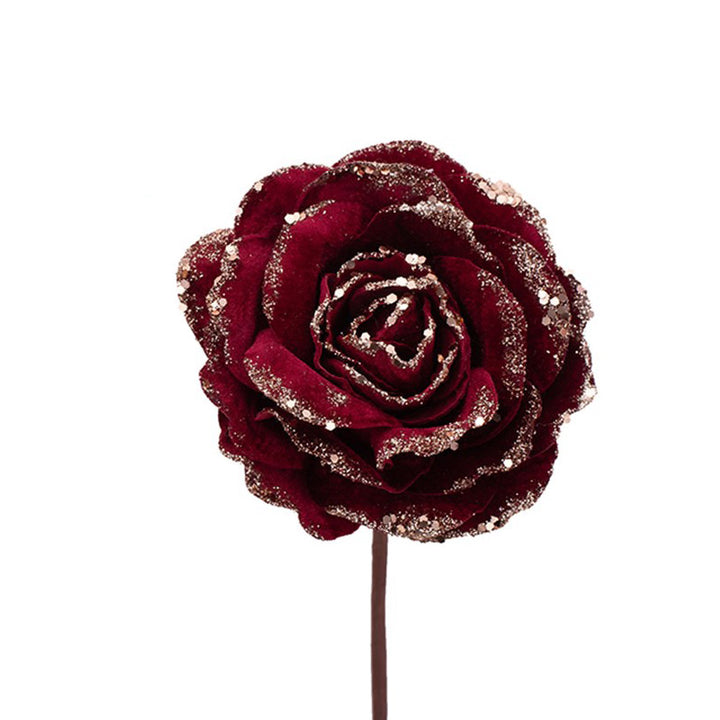 Velvet Burgundy Glitter Rose Stem with Rose Gold Detail - 14cm (L)