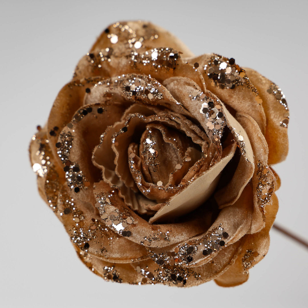 Velvet Champagne Glitter Rose Flower Stem with Rose Gold Detail - 14cm (L)
