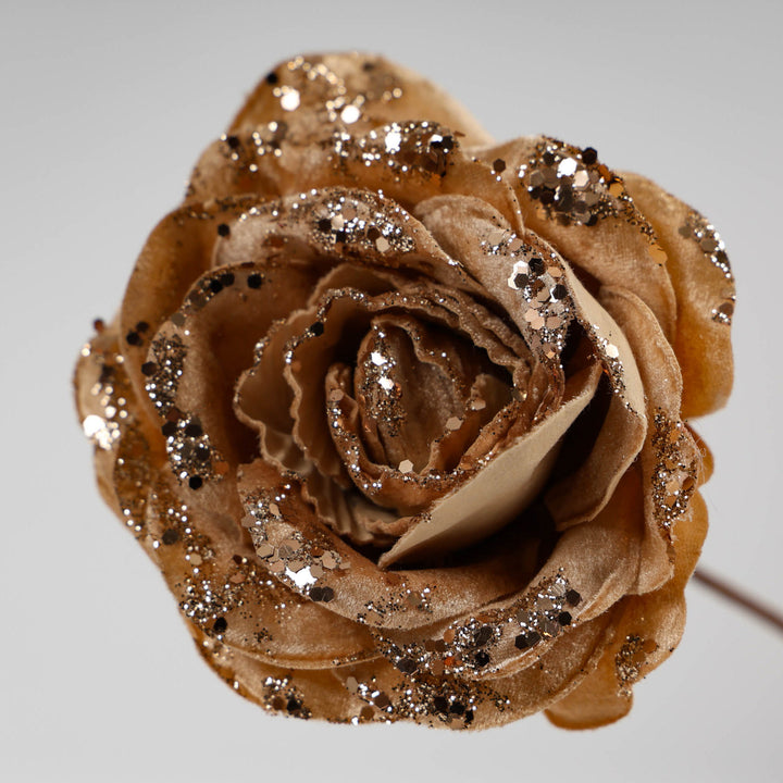 Velvet Champagne Glitter Rose Flower Stem with Rose Gold Detail - 14cm (L)