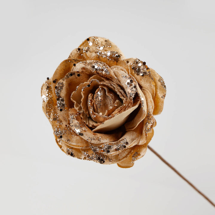 Velvet Champagne Glitter Rose Flower Stem with Rose Gold Detail - 14cm (L)
