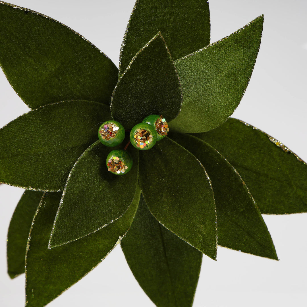 Velvet Green Poinsettia Flower Stem with Gumnuts and Glitter Trim -60cm(L)
