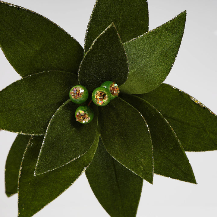 Velvet Green Poinsettia Flower Stem with Gumnuts and Glitter Trim -60cm(L)
