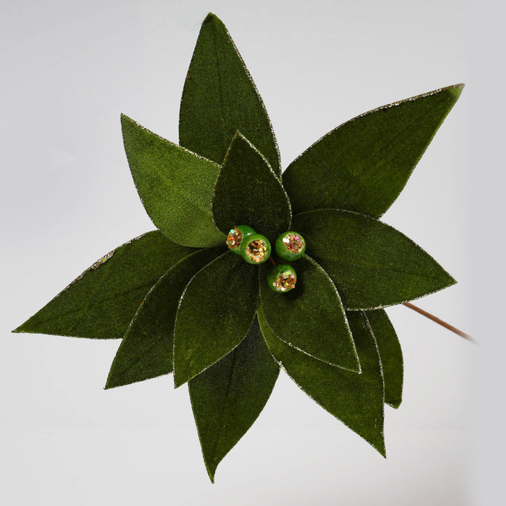 Velvet Green Poinsettia Flower Stem with Gumnuts and Glitter Trim -60cm(L)