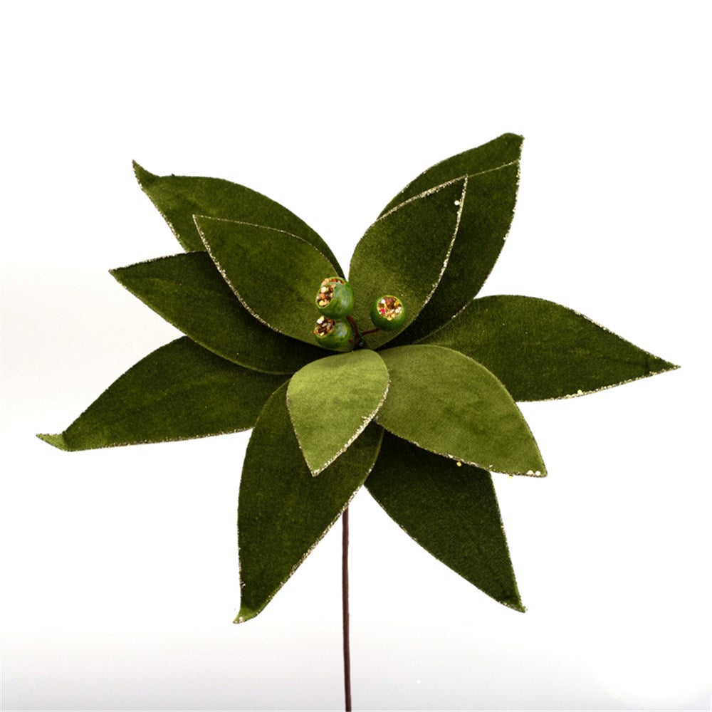 Velvet Green Poinsettia Flower Stem with Gumnuts and Glitter Trim -60cm(L)