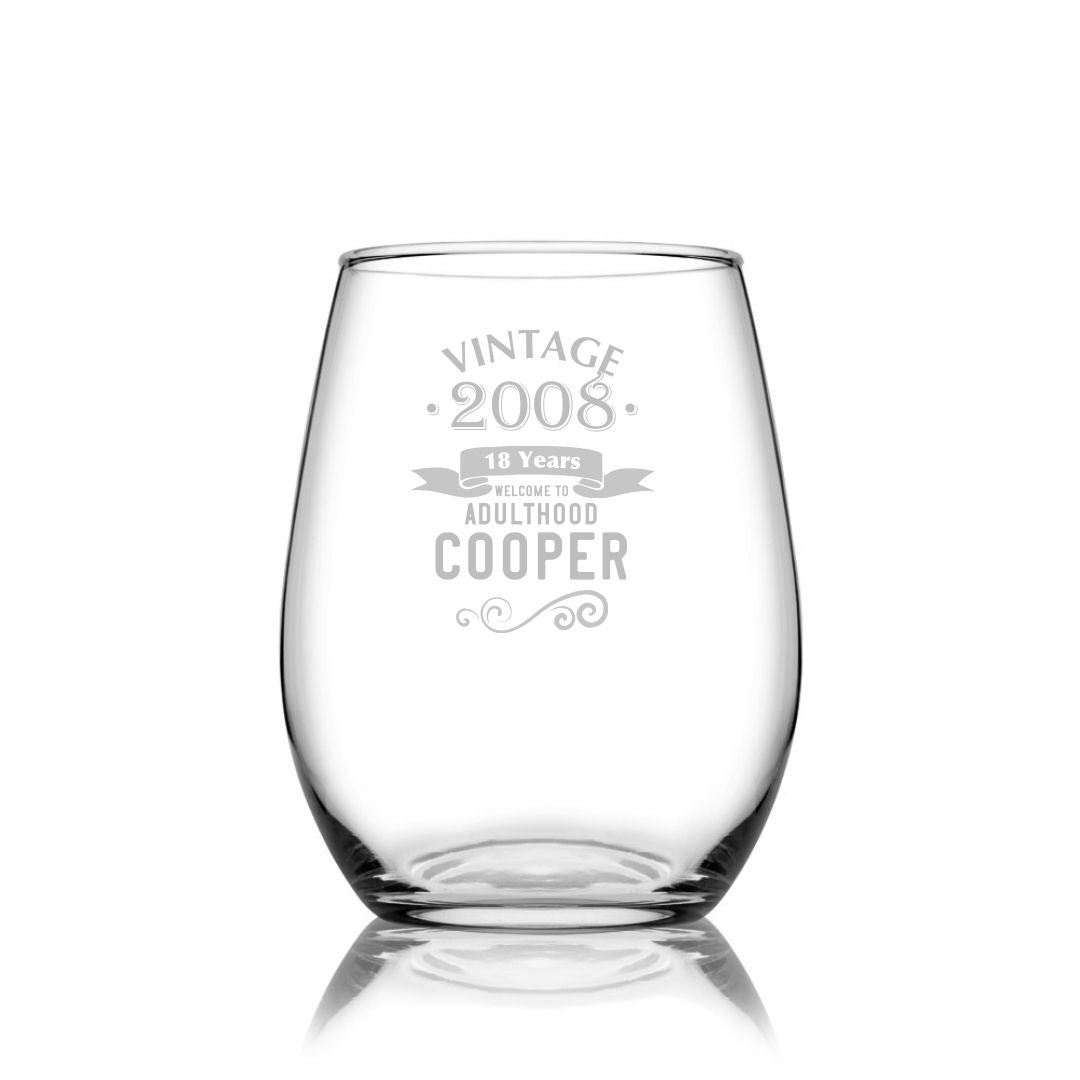 Personalised 18th Milestone Birthday Stemless Wine Glass – Vintage Design Laser Etched