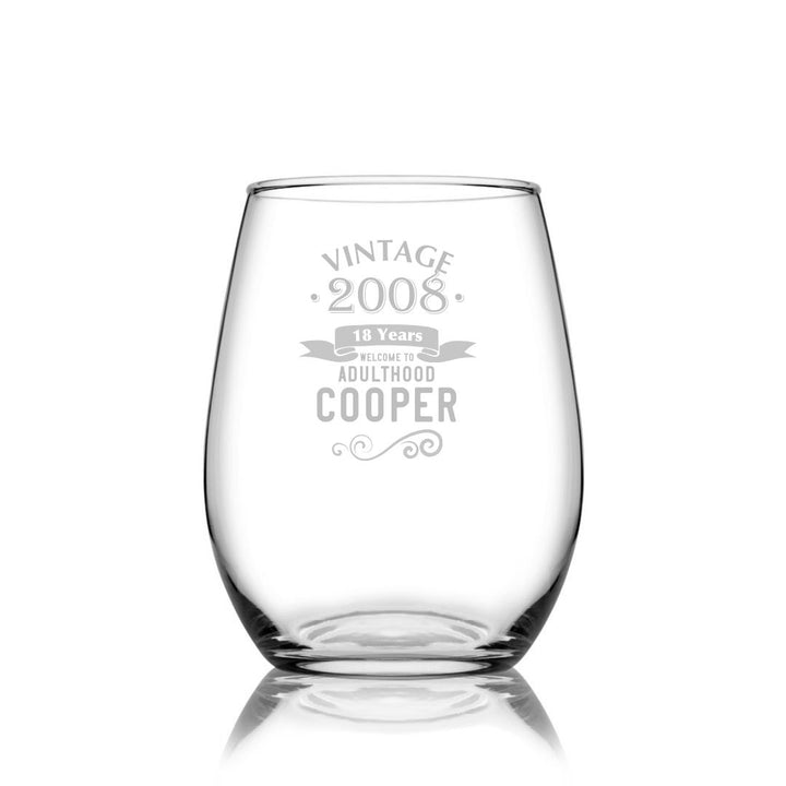 Personalised 18th Milestone Birthday Stemless Wine Glass – Vintage Design Laser Etched