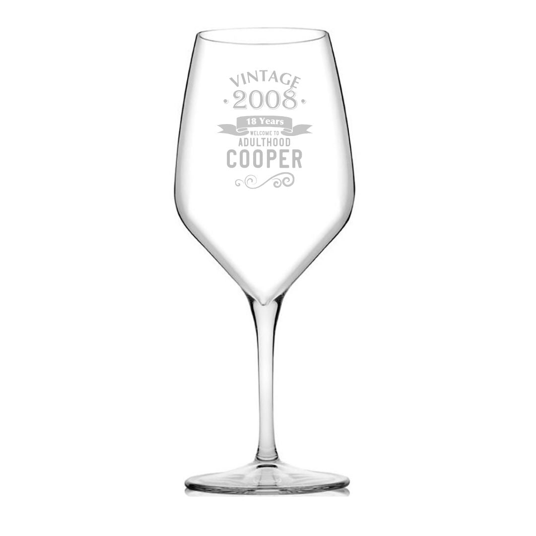 Personalised 18th Milestone Birthday Wine Glass – Vintage Design Laser Etched