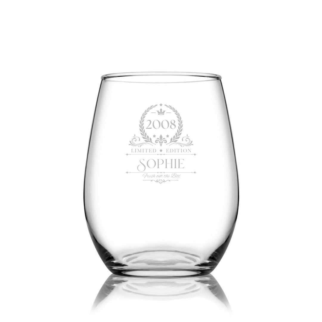 Personalised 18th Milestone Birthday Stemless Wine Glass – Vintage Design Laser Etched