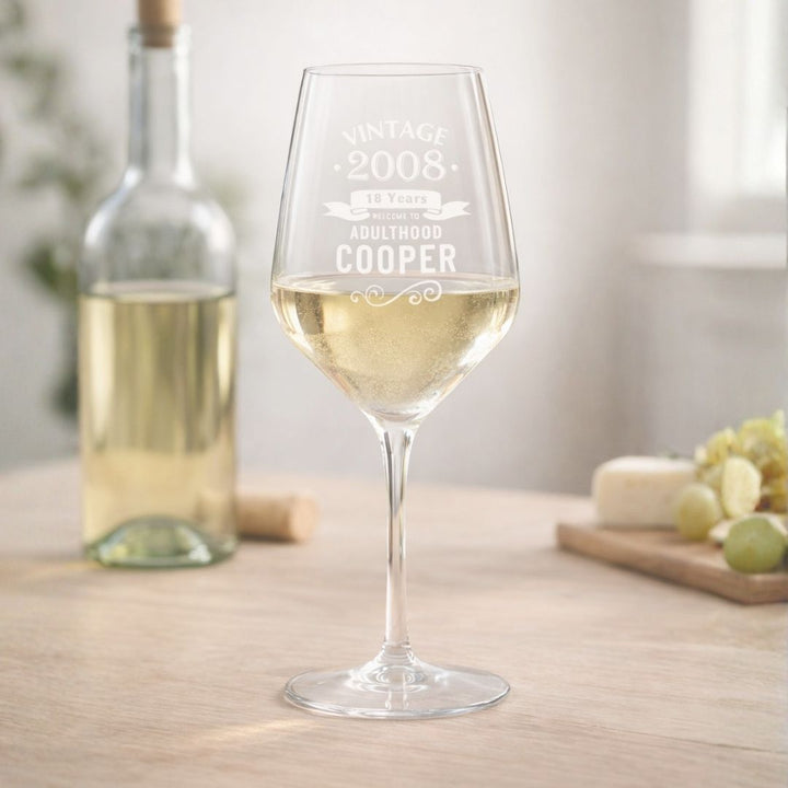 Personalised 18th Milestone Birthday Wine Glass – Vintage Design Laser Etched