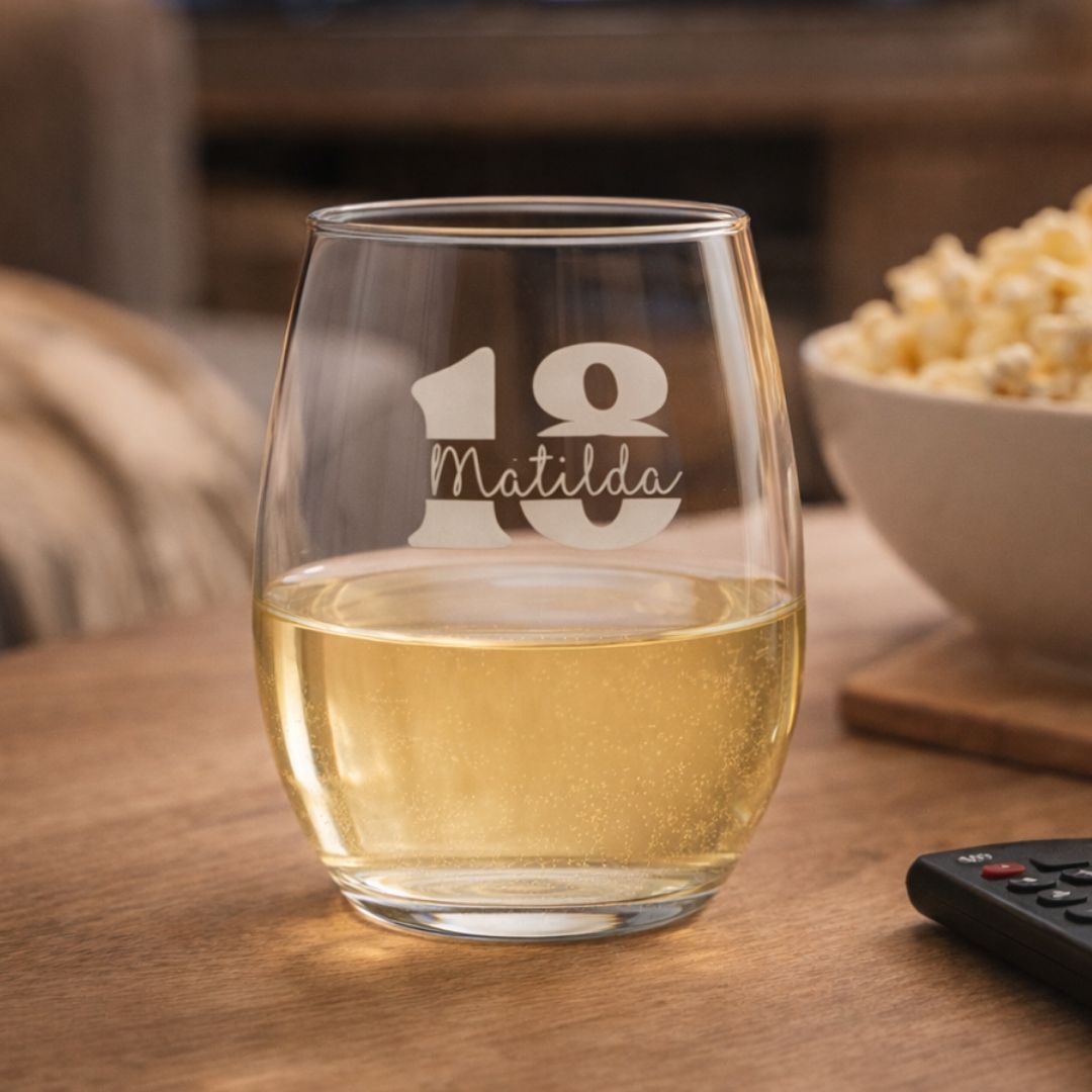 Personalised 18th Milestone Birthday Stemless Wine Glass – Vintage Design Laser Etched
