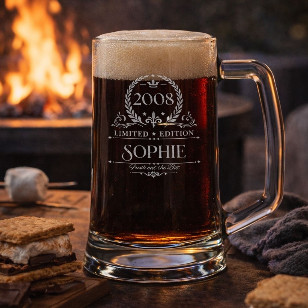 Personalised 18th Milestone Birthday Beer Tankard – Vintage Design Laser Etched