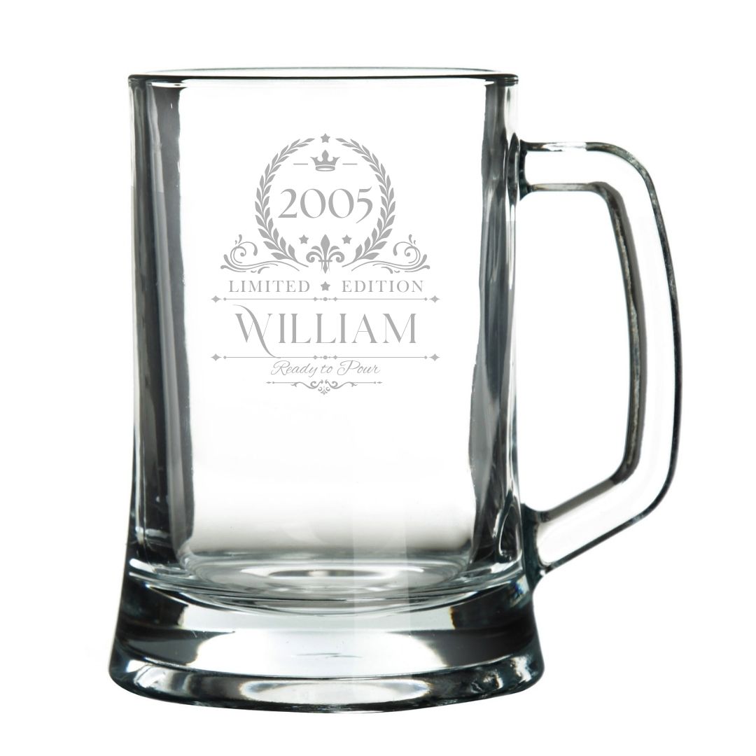 Personalised 21st Milestone Birthday Beer Tankard – Vintage Design Laser Etched