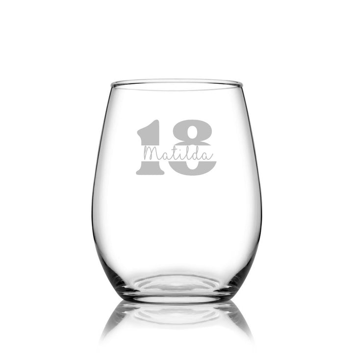 Personalised 18th Milestone Birthday Stemless Wine Glass – Vintage Design Laser Etched
