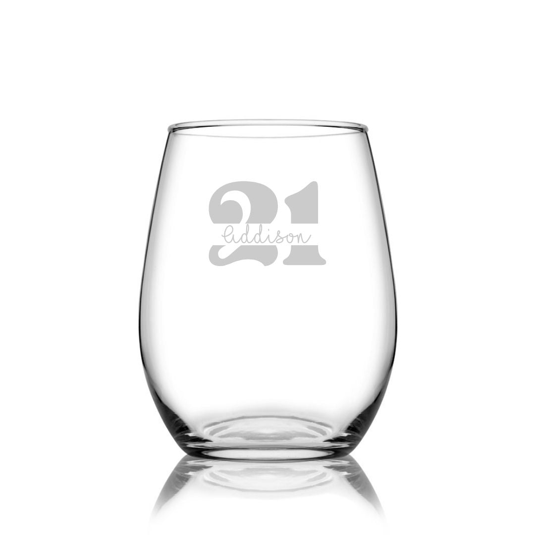 Personalised 21st Milestone Birthday Stemless Wine Glass – Vintage Design Laser Etched