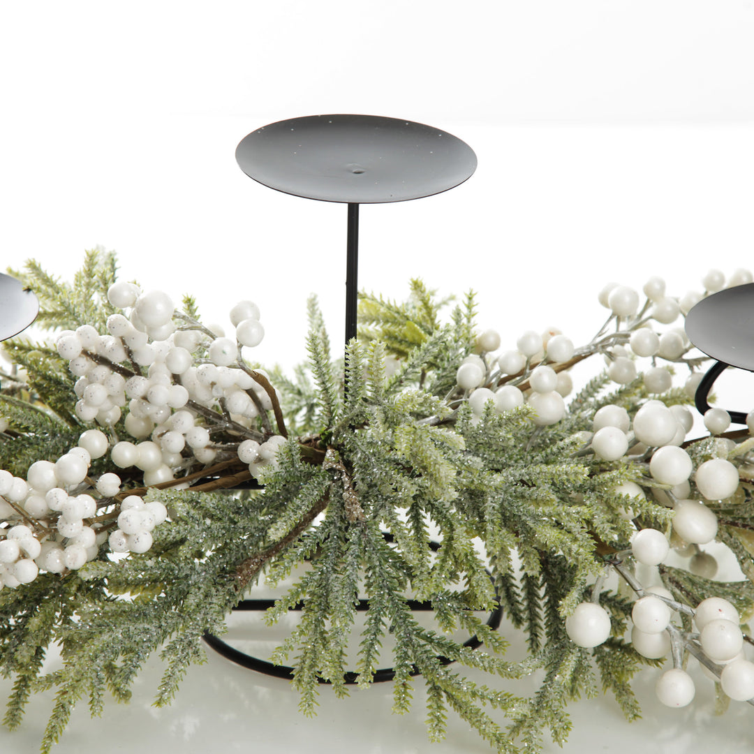 White Berry and Frosted Leaf Christmas Table Centrepiece Candle Holder