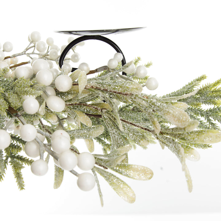 White Berry and Frosted Leaf Christmas Table Centrepiece Candle Holder