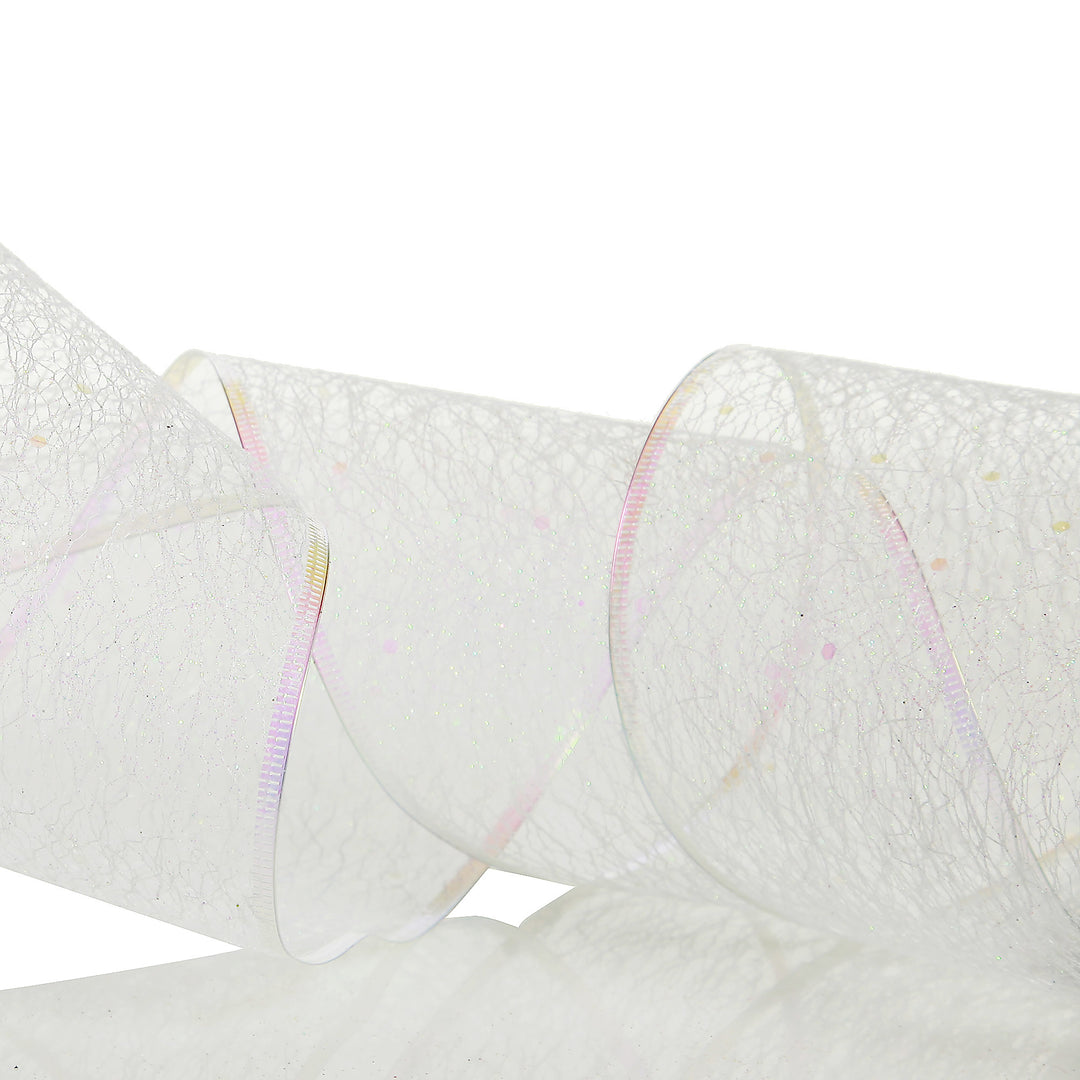 White Iridescent Spider Mesh Wired Christmas Ribbon Garland
