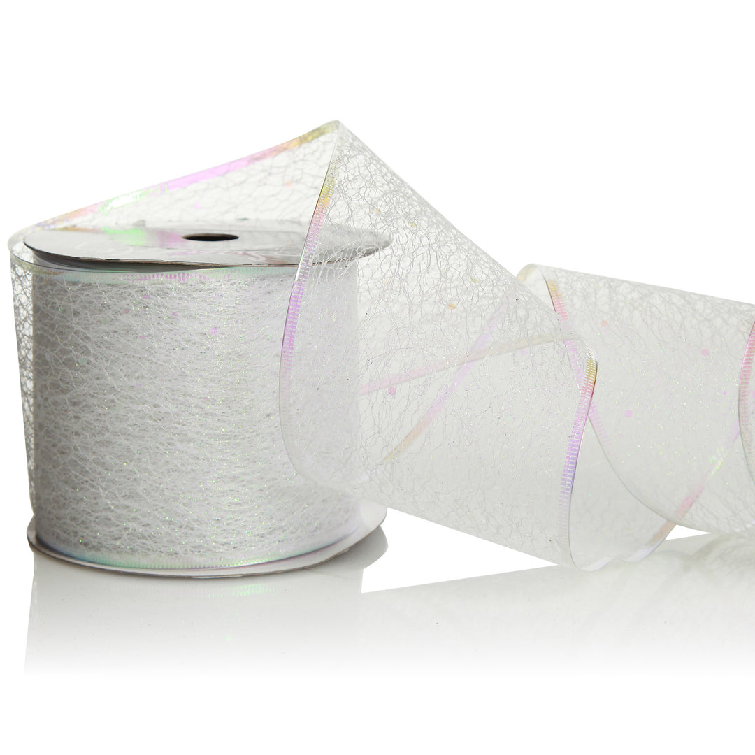 White Iridescent Spider Mesh Wired Christmas Ribbon Garland