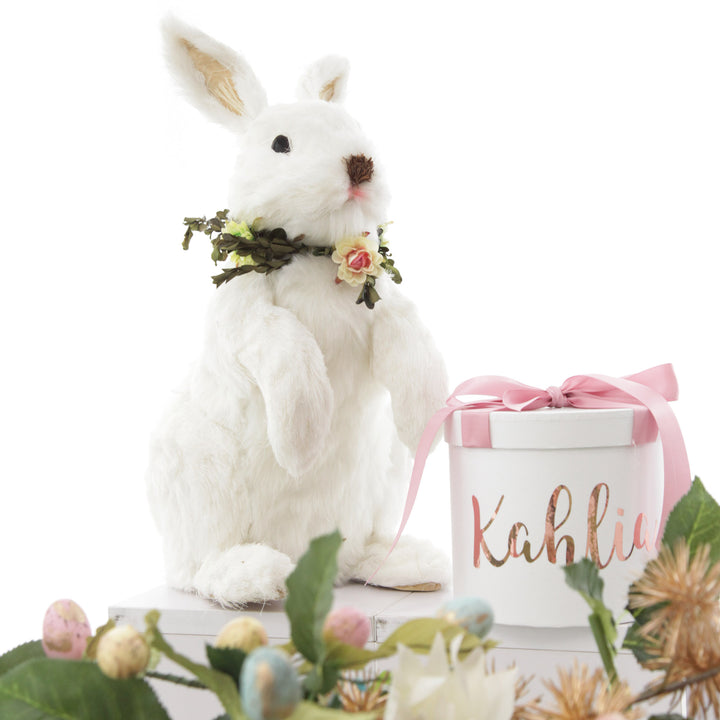 White Straw Bunny with Floral Neck Garland Standing Large