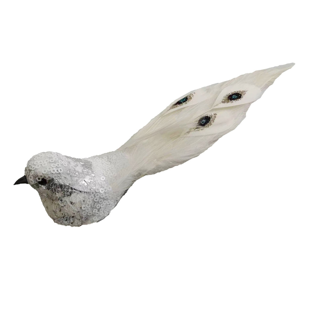 White &amp; Silver Sequin Bird Clip with Feather Tail