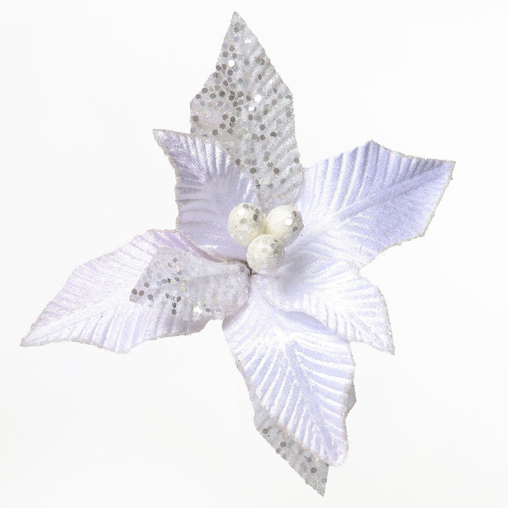 White &amp; Silver Sequin Poinsettia Flower Clip
