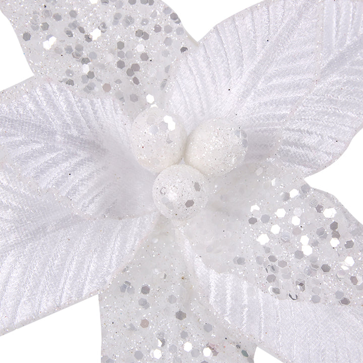 White &amp; Silver Sequin Poinsettia Flower Clip