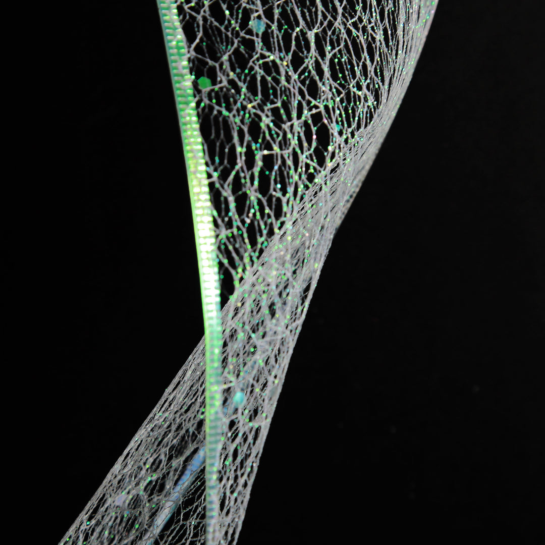 White Iridescent Spider Mesh Wired Christmas Ribbon Garland