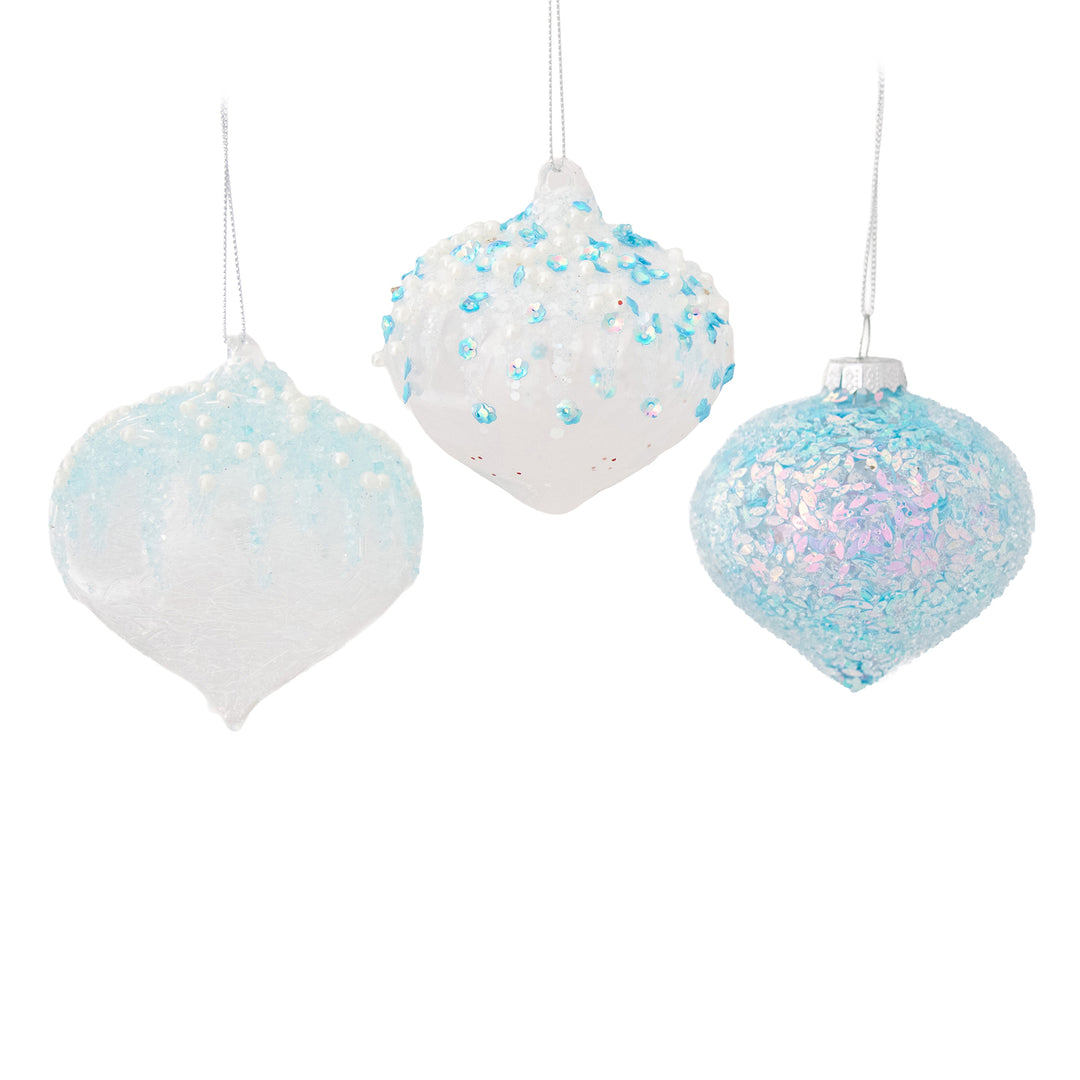 White and Blue Glass Teardrop Baubles - Set of 3 - 8cm(W)