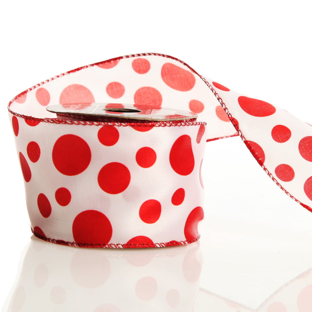 White with Red Dots Wired Christmas Ribbon