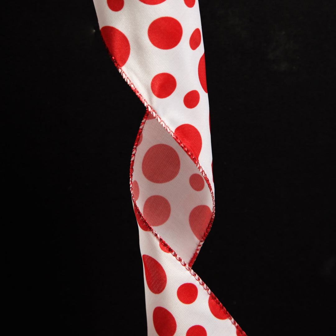 White with Red Dots Wired Christmas Ribbon