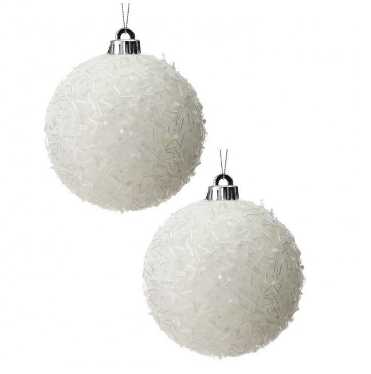 White Beaded &amp; Glitter Baubles 12cm - Set of 2 