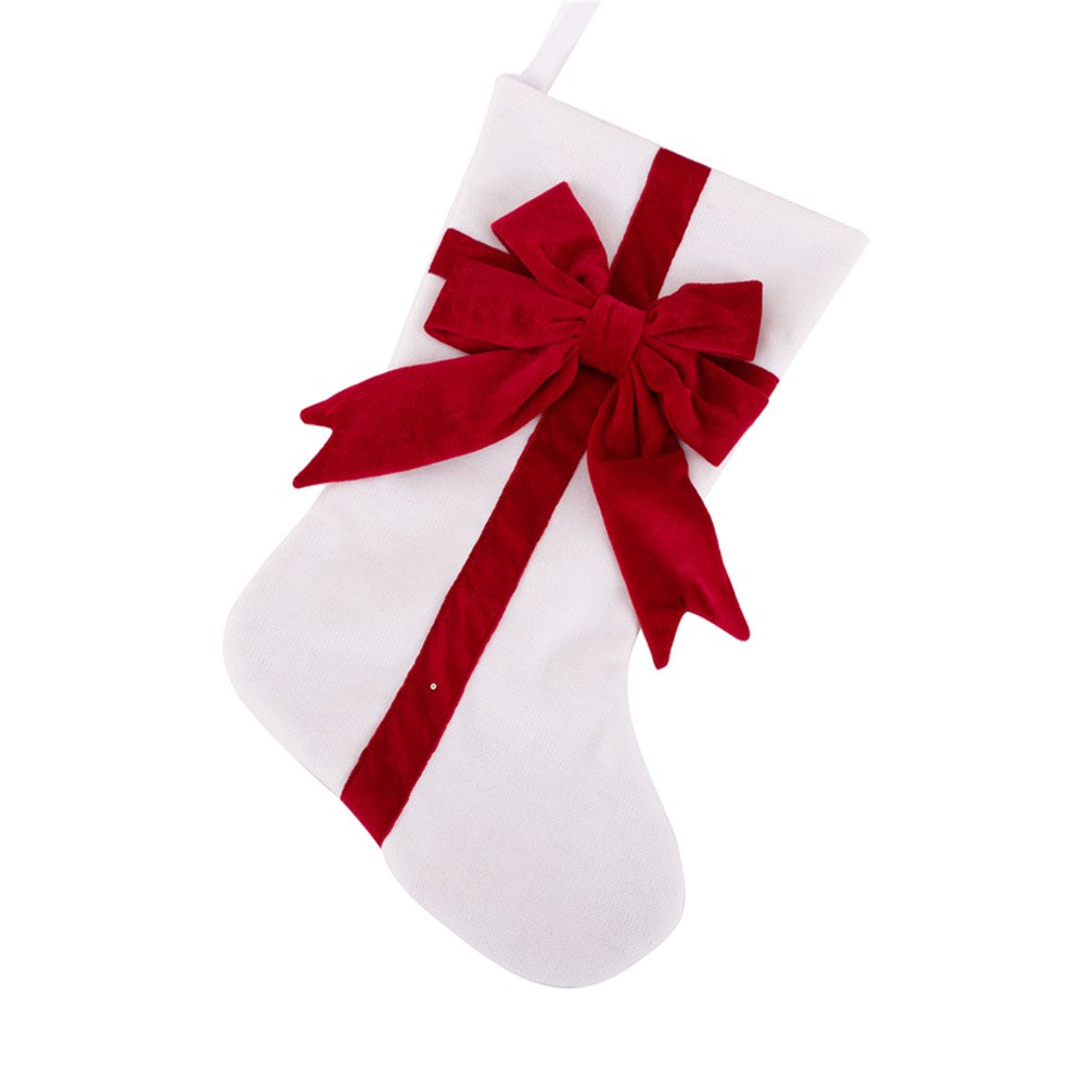 White Christmas Stocking with Red Bow
