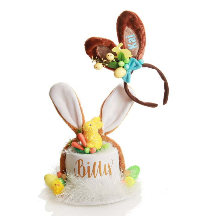 Personalised Brown Bunny Ears Easter Headband with Personalised White Easter Bunny Top Hat