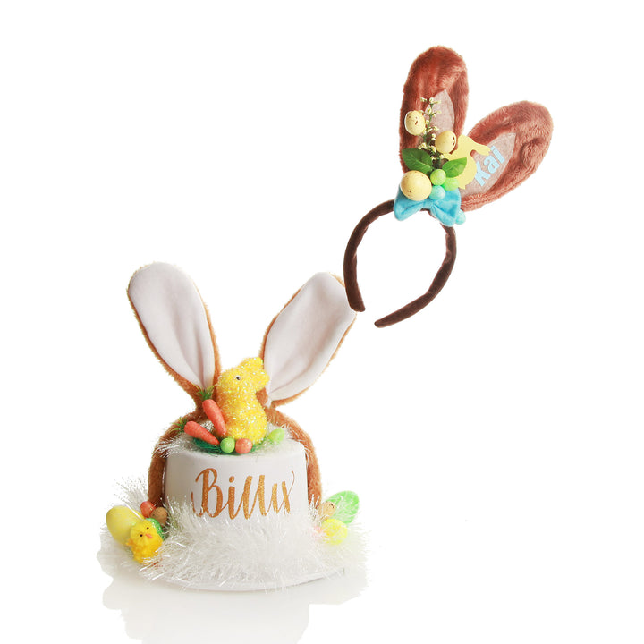 Personalised Brown Bunny Ears Easter Headband with Personalised White Easter Bunny Top Hat