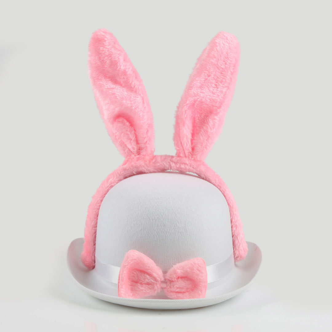 White Felt Easter Hat with Pink Fluffy Bunny Ears