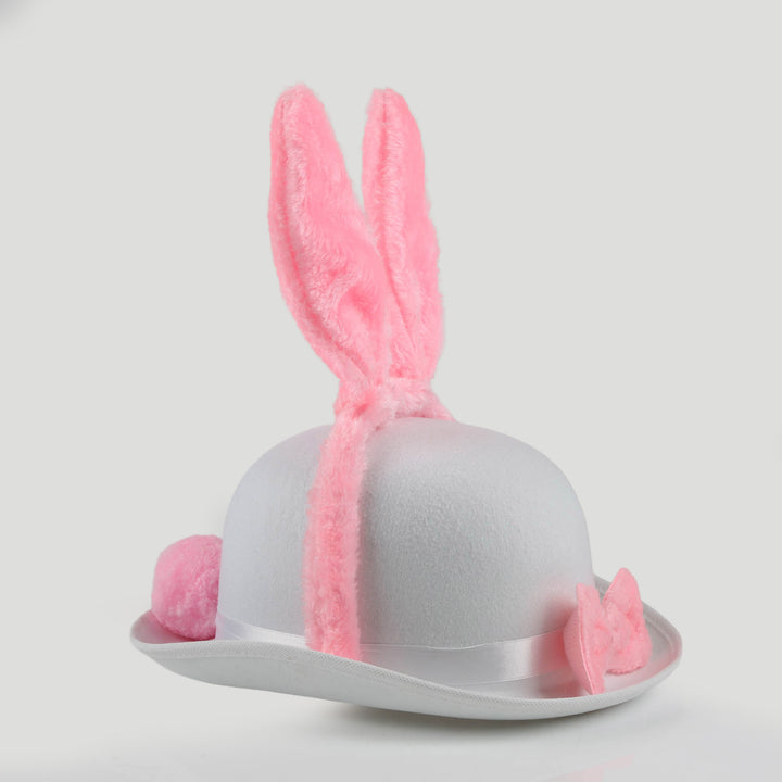 White Felt Easter Hat with Pink Fluffy Bunny Ears