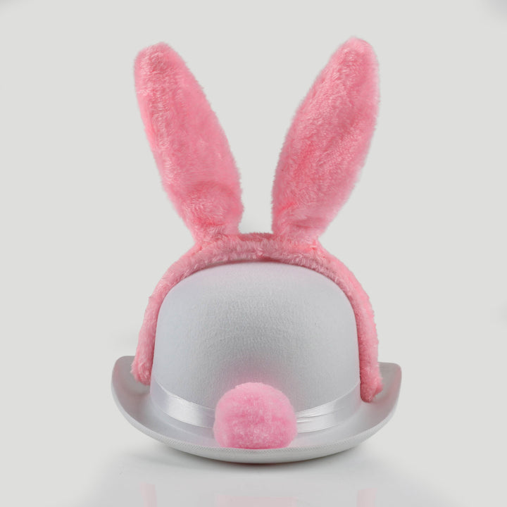 White Felt Easter Hat with Pink Fluffy Bunny Ears