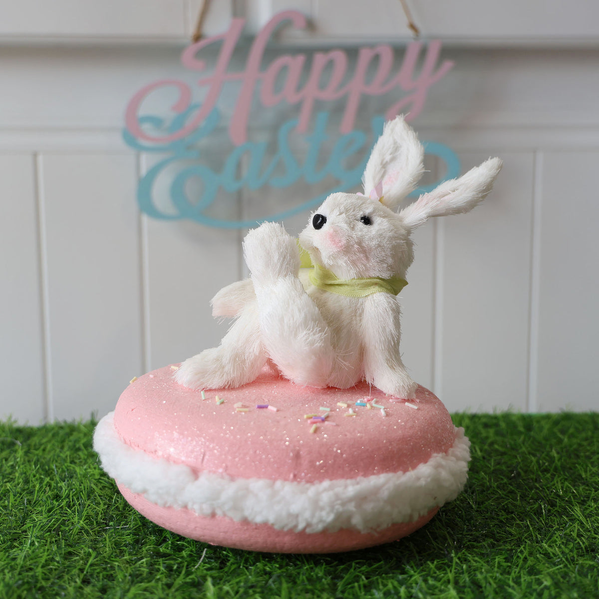 White Girl Bunny sitting on Pink Macaron Ornament