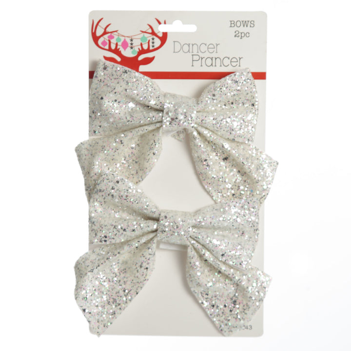White Glitter Bow Clip - Set of 2