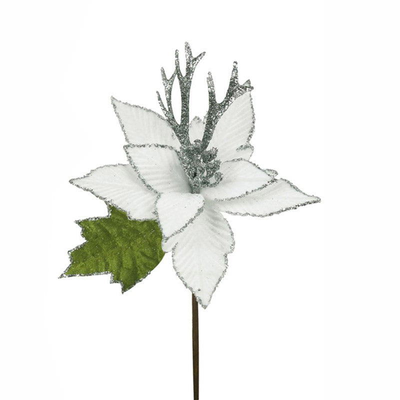 White Glitter Edge Poinsettia Flower with Leaf 28cm (L)