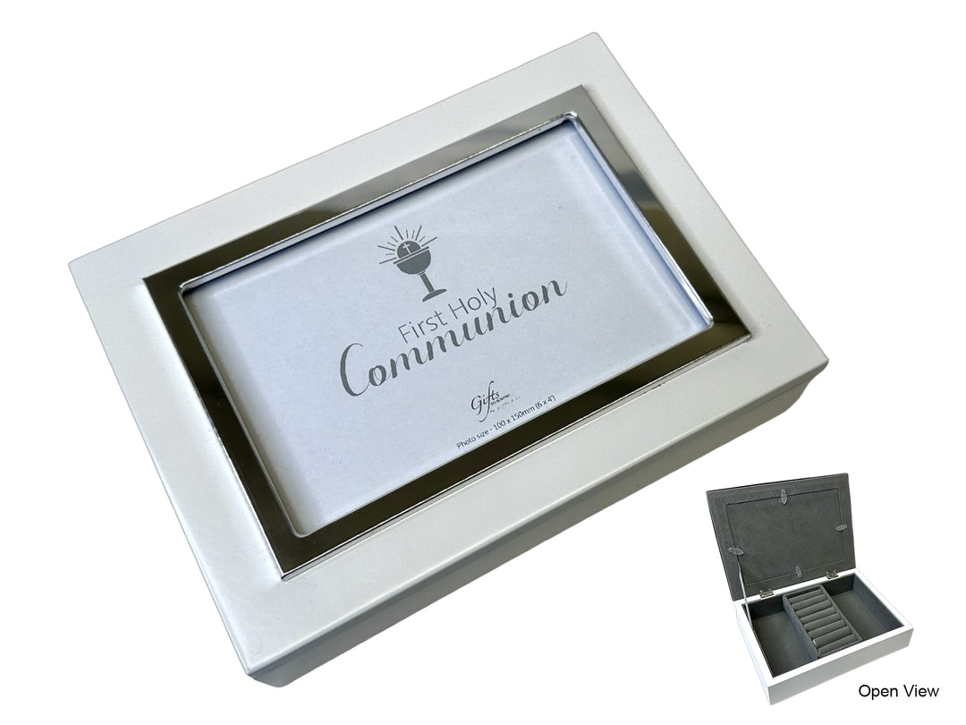 White Keepsake Communion Box with Photo Holder