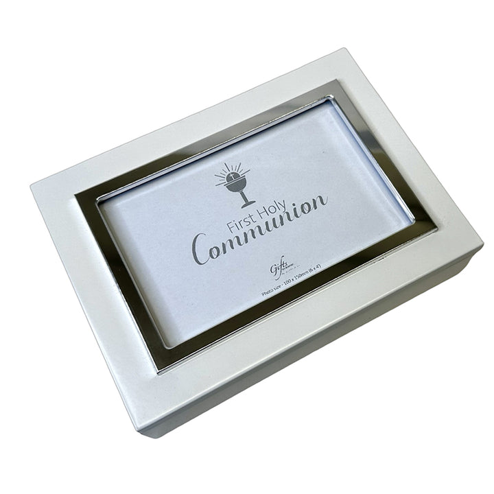 White Keepsake Communion Box with Photo Holder