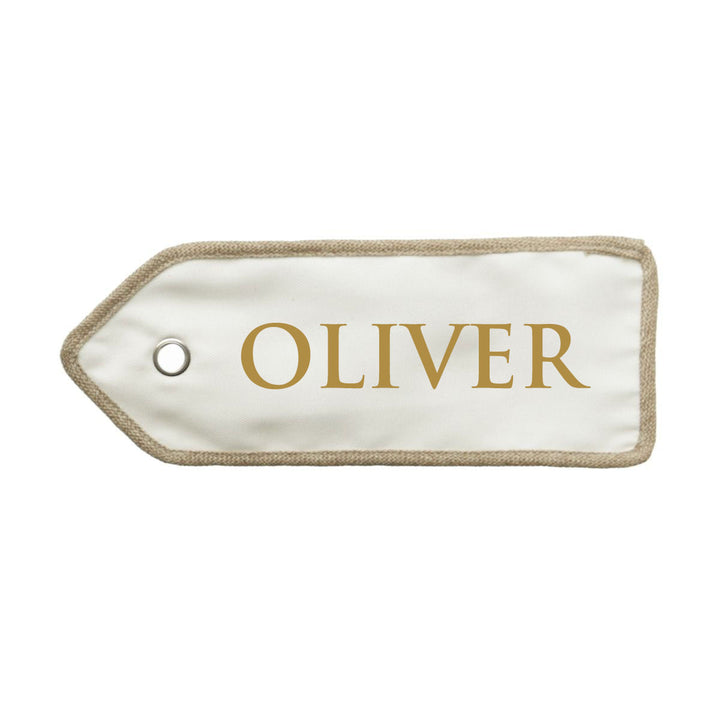 Personalised White Linen Santa Sack Tag with Burlap Piping