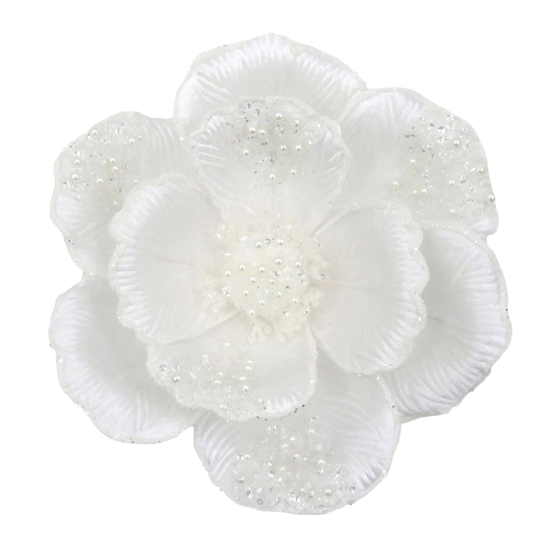 White Magnolia Flower Clip with Beaded Petals - 22cm(W)